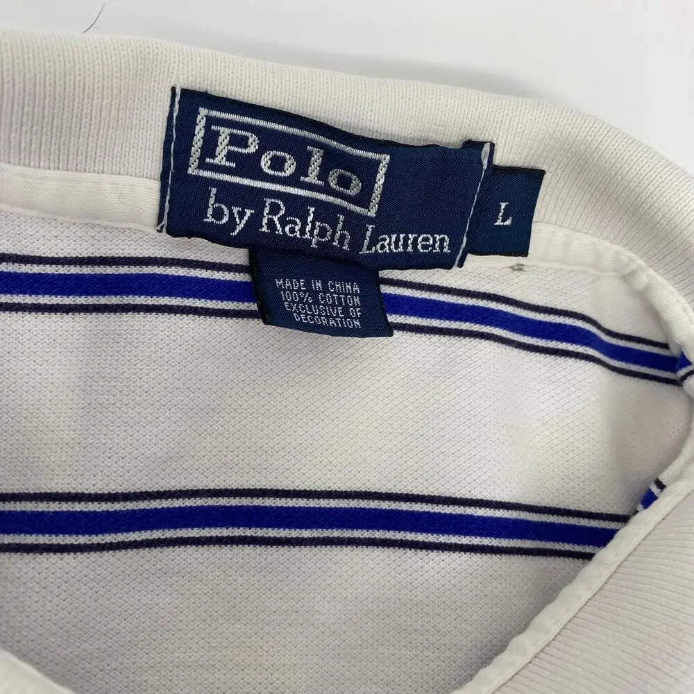 Polo Ralph‎ Lauren Large White Blue Striped Short Sleeve Cotton Polo Shirt